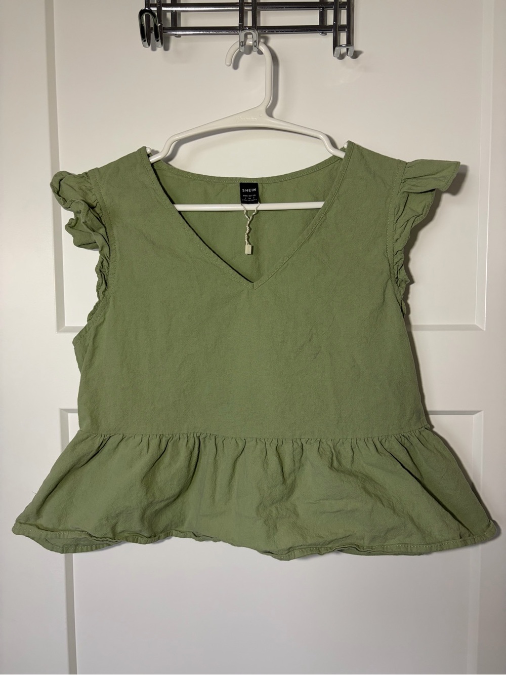 SHEIN Olive Green V-Neck Peplum Ruffle Sleeve Babydoll Top